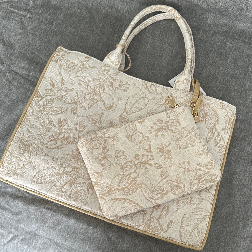 Antik kraft - Elegant Cream Floral Tote Bag with Pouch